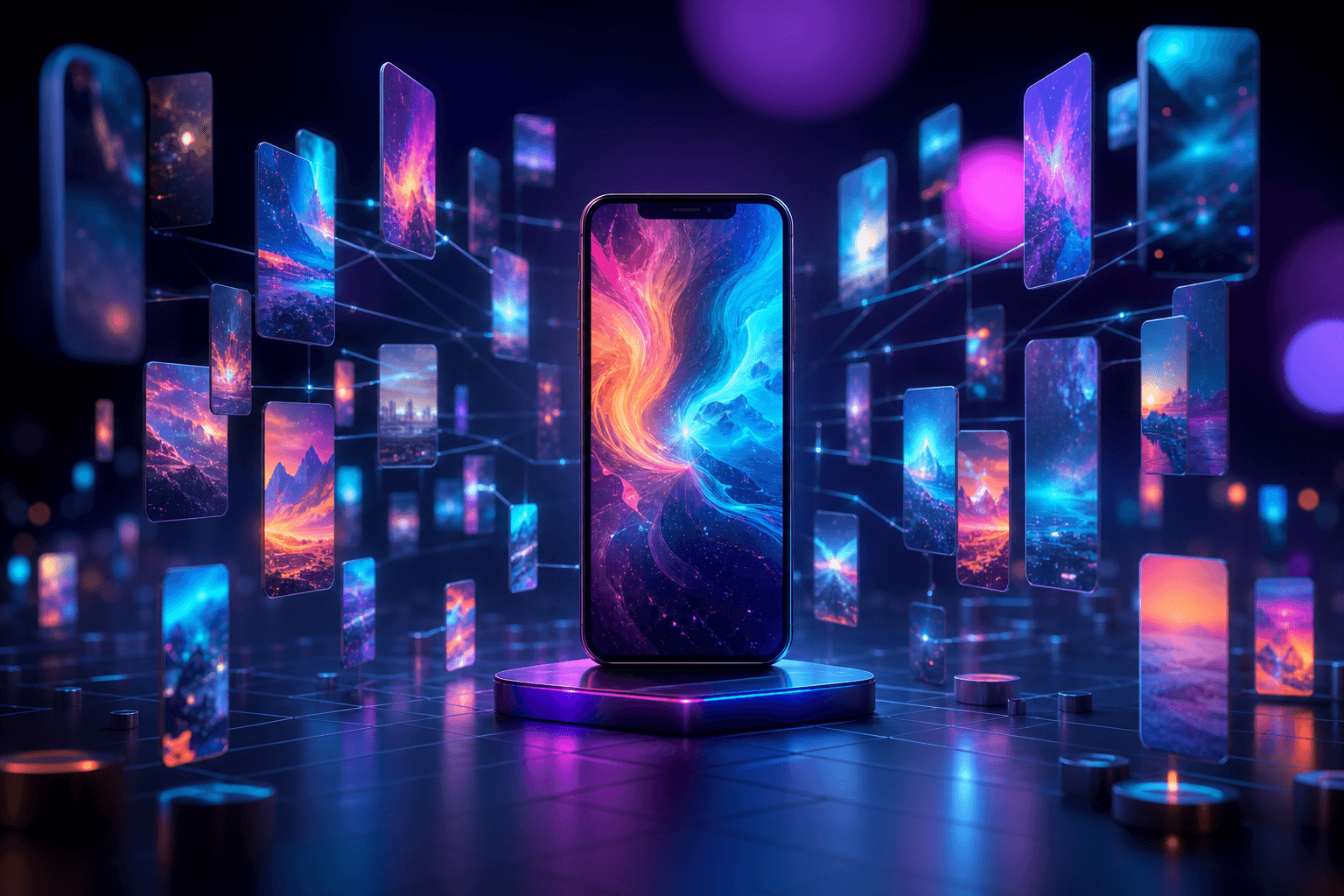A vertical smartphone showing a video clip, surrounded by dozens of smaller screens playing short clips