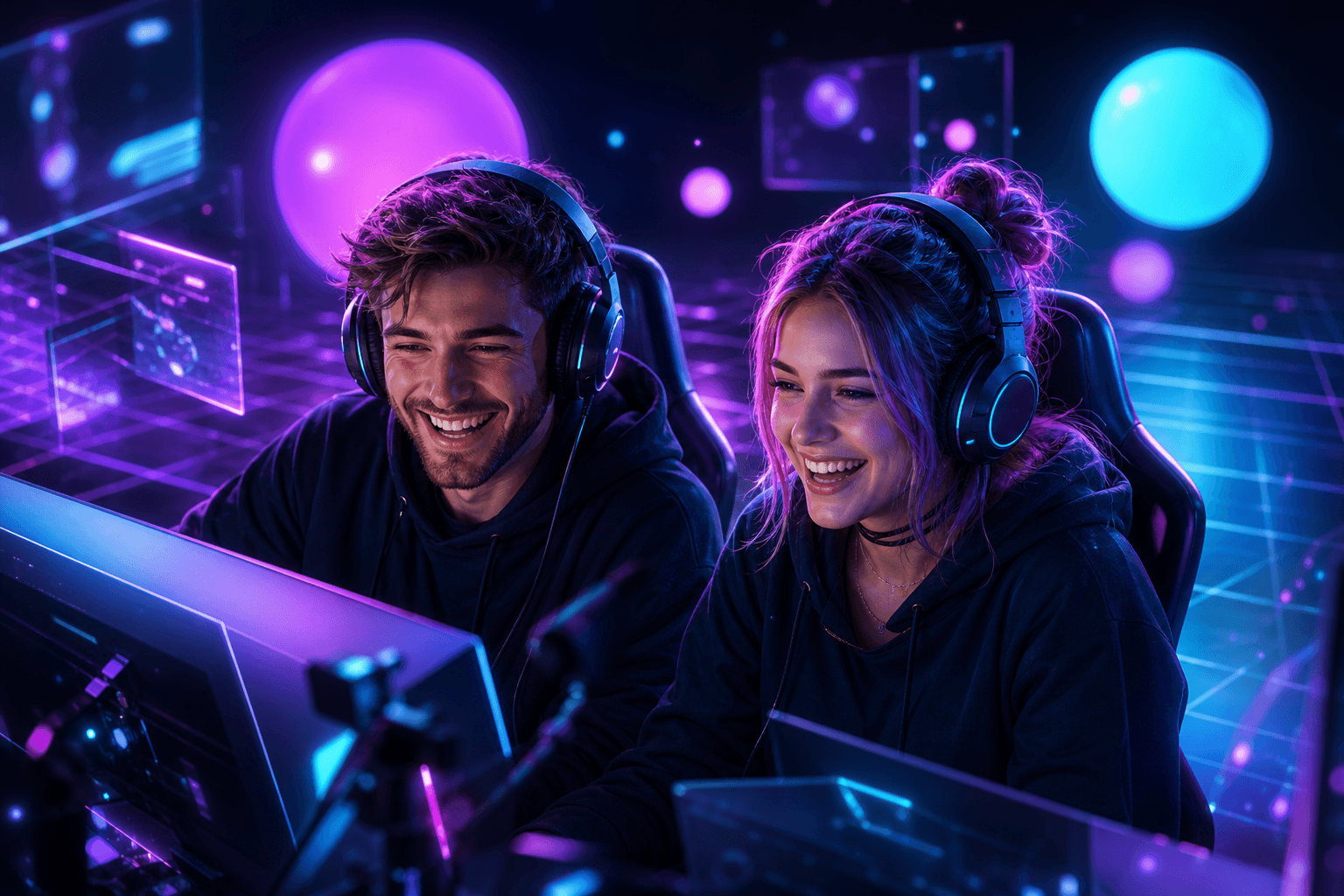 Two streamers side by side in front of their screens, headsets on, laughing during a collab stream