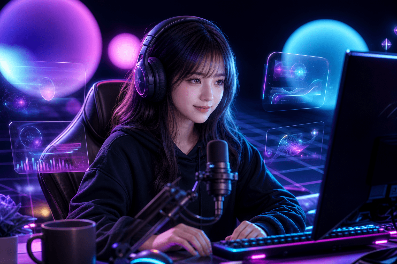 A new streamer sitting at their gaming desk in the evening, lit by the glow of their screens, mic in front of them