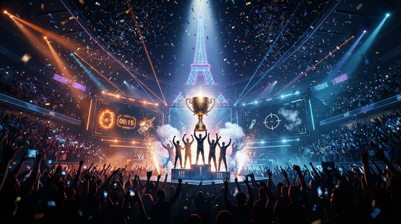 Esports World Cup 2026 Counter-Strike 2 trophy over an Accor Arena backdrop, in Team Spirit's colors.