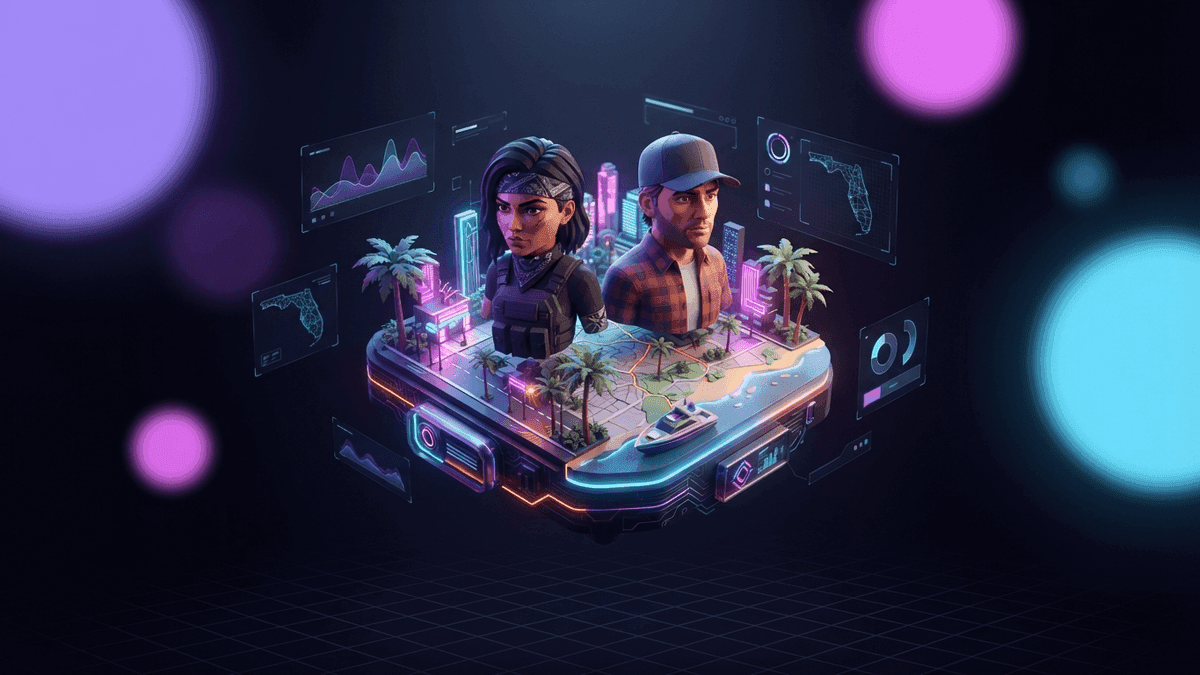 Lucia und Jason, die beiden spielbaren Protagonisten von GTA 6, im fiktiven Bundesstaat Leonida, aus Sicht eines Streamers, der seine nächsten Clips plant.