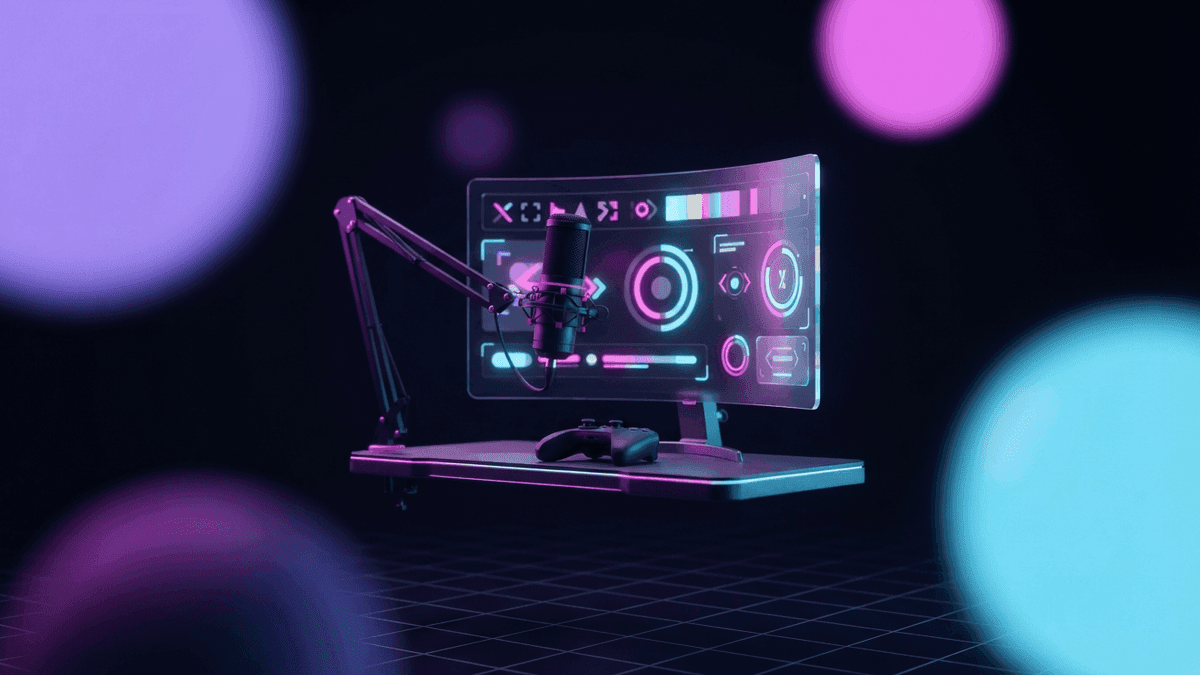 Un bureau de streamer la nuit, micro et manette posés devant un écran qui affiche un compte à rebours vers la sortie de GTA 6, dans les néons roses et bleus de Vice City.