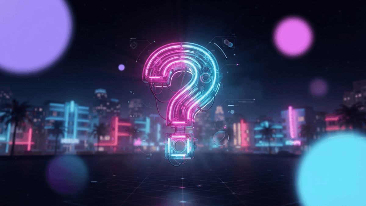 A stylized neon question mark hovering over the Vice City skyline, symbolizing the big questions still open about GTA 6 two months before launch.