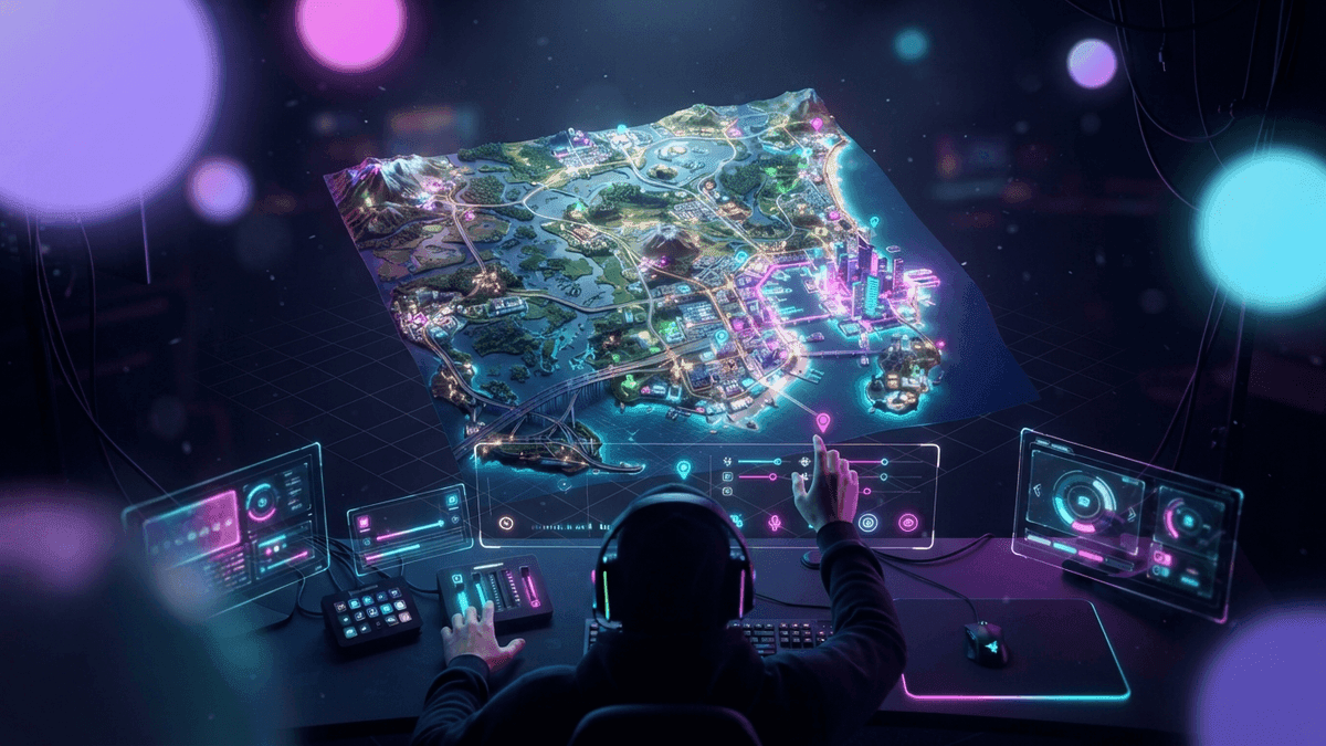 Une carte stylisée de l'État fictif de Leonida dans GTA 6, montrant Vice City et les régions environnantes, vue par un streamer qui prépare sa prochaine session de clips.
