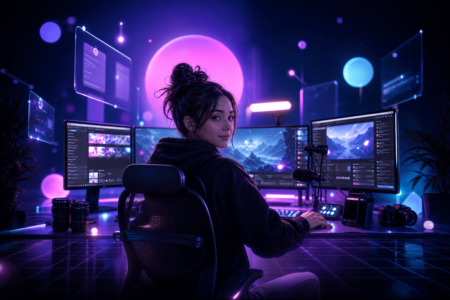 A streamer in front of three screens showing different streaming platforms in a dark room with colorful RGB lighting