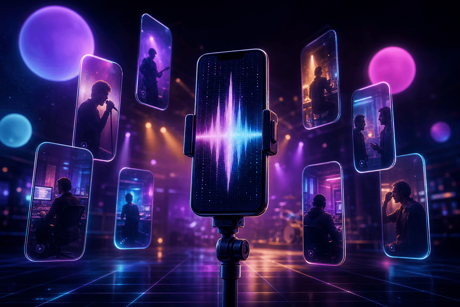 Un smartphone vertical montado en un pie de micrófono frente a un pequeño escenario de concierto, rodeado de pantallas flotantes que muestran a un músico en el escenario, en el estudio y detrás de escena