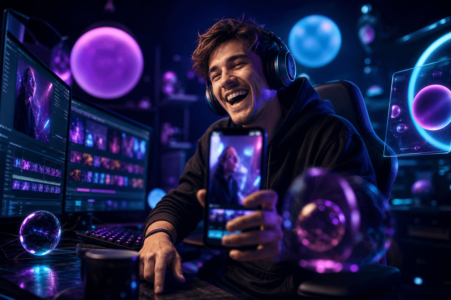 Ein Streamer vor seinem Bildschirm mit vertikalem Schnitt, mehrere bunte Clips aufgereiht auf einer Timeline