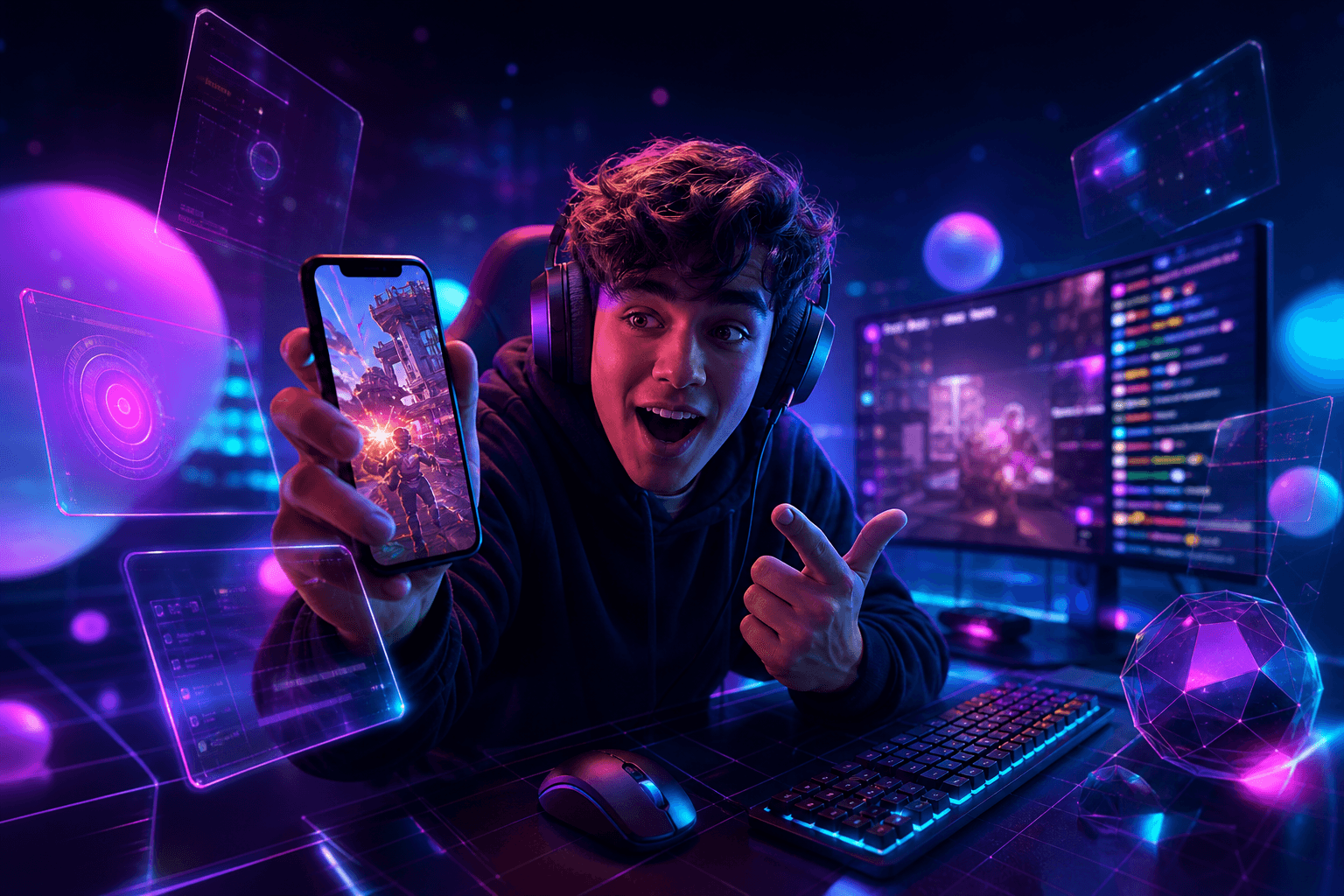 Un streamer devant son setup gaming, avec un téléphone affichant un clip vertical, dans une ambiance lumineuse rouge et violette