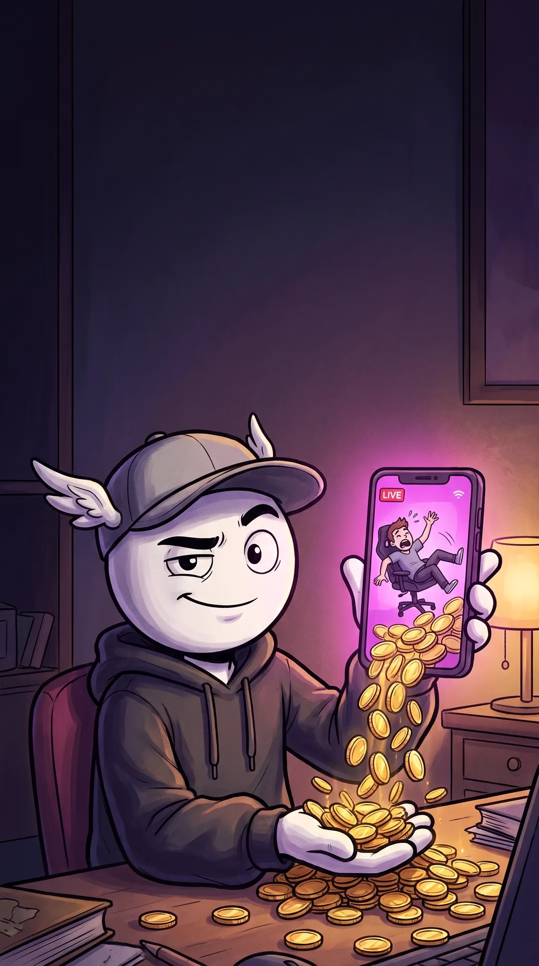 Hermes at his desk, holding a phone where a streamer falls off his chair, gold coins pouring out of the screen.