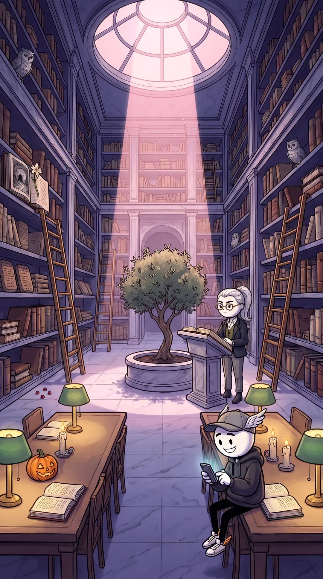 At dawn in Athena's vast marble archives, Hermes sits on a reading table typing on his glowing phone while Athena watches him over her round golden glasses from a stone lectern under the skylight, an owl on her shoulder.