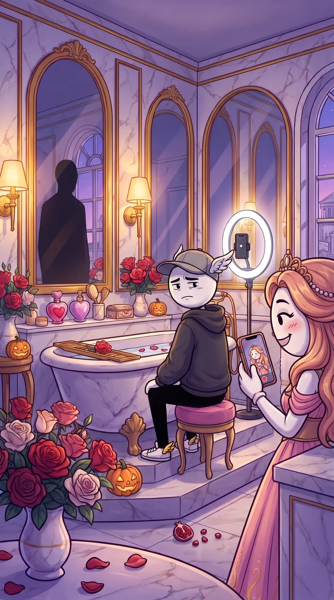 Before sunrise in Aphrodite's marble bathroom, Hermes sits stiffly on a pink velvet stool under a giant ring light, turning his head for his phone, while Aphrodite films him with her own rose-gold phone, its red light on.