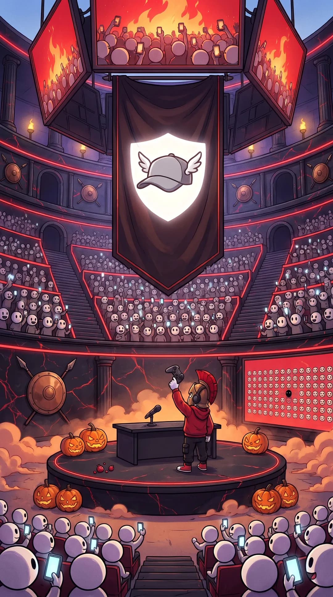 At noon in the giant arena of Ares, a crowd of fans holds up glowing phones under a huge dark banner printed with Hermes's white winged cap, while Ares raises his controller like a sword on the round black stage.