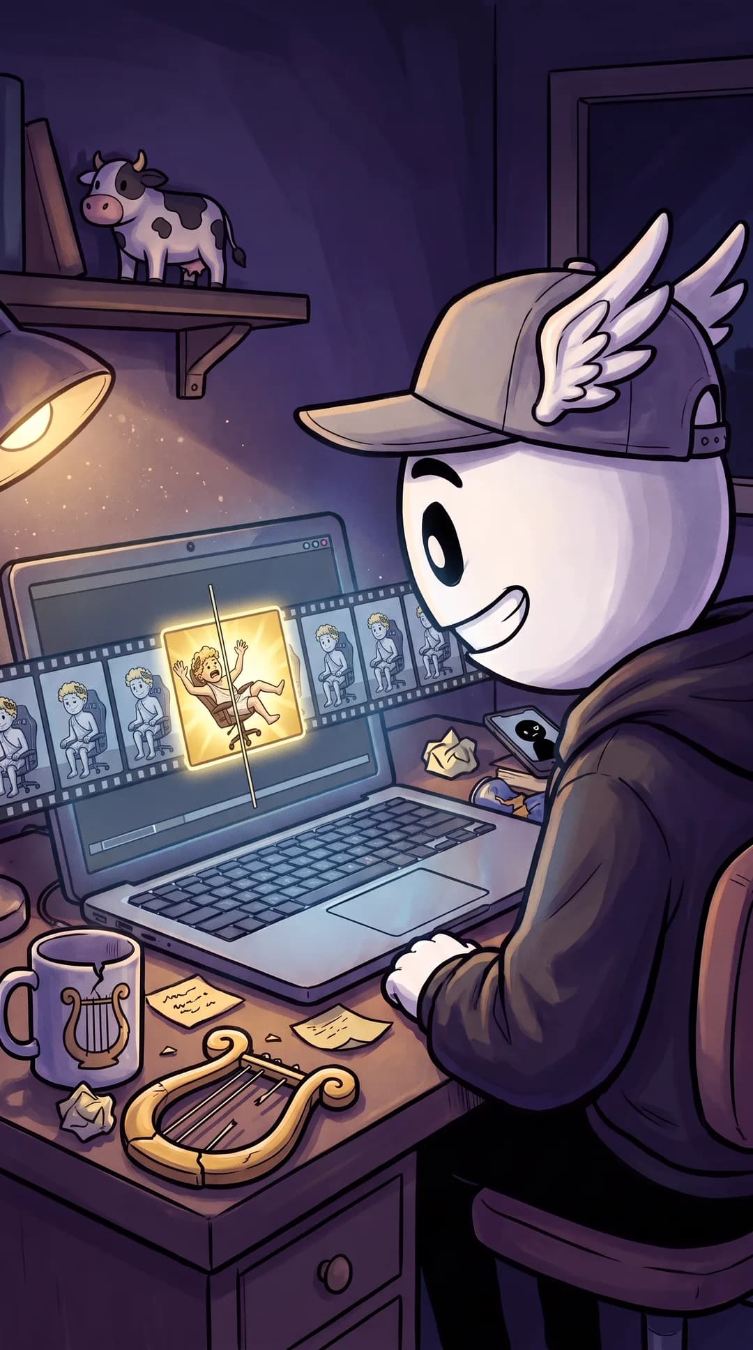 Hermes at his desk after midnight, grinning at a laptop timeline where one single frame of Apollo's fall glows gold among hundreds of grey ones.