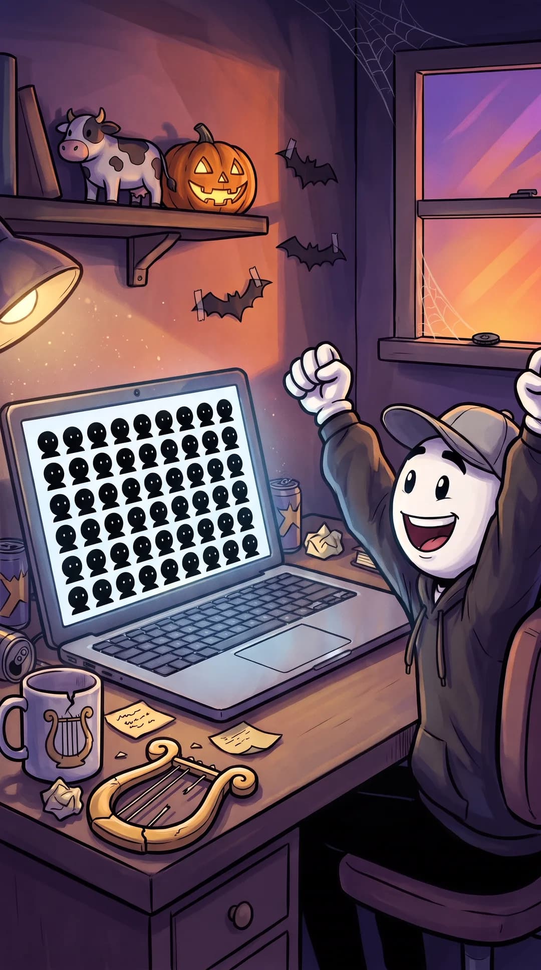 Hermes at his desk at dusk, arms raised in triumph before a laptop screen filled with rows of identical faceless black avatars, a carved pumpkin on the shelf.