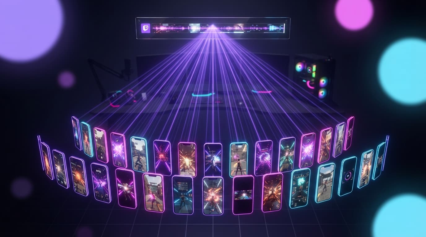 Visual diagram : 1 Twitch stream produces 30 vertical clips for multi-platform