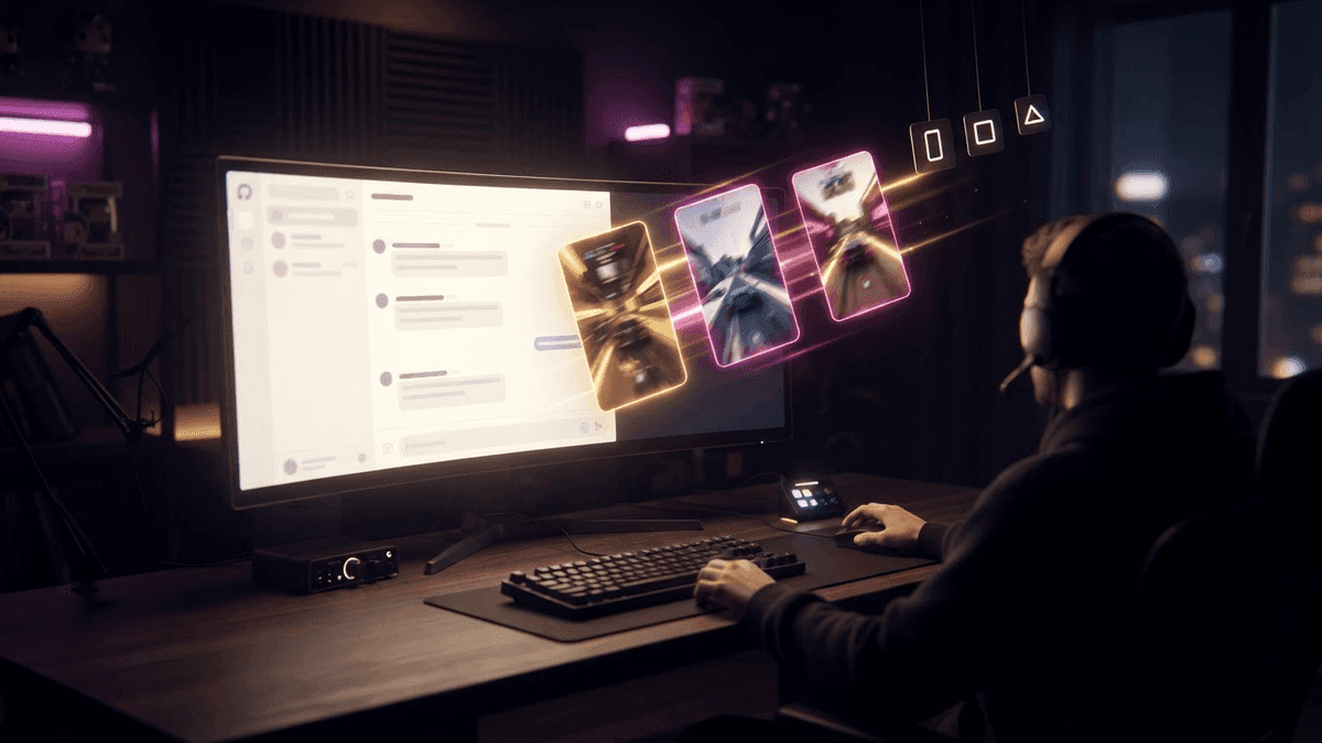 A streamer at their desk at night, an AI assistant conversation open on screen, and three vertical clips flying out toward TikTok, YouTube and Instagram.