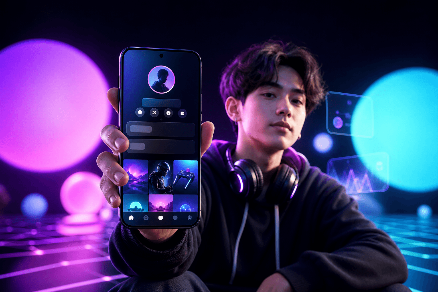 A streamer holding a smartphone displaying a TikTok profile on screen, cinematic lighting with purple and blue reflections