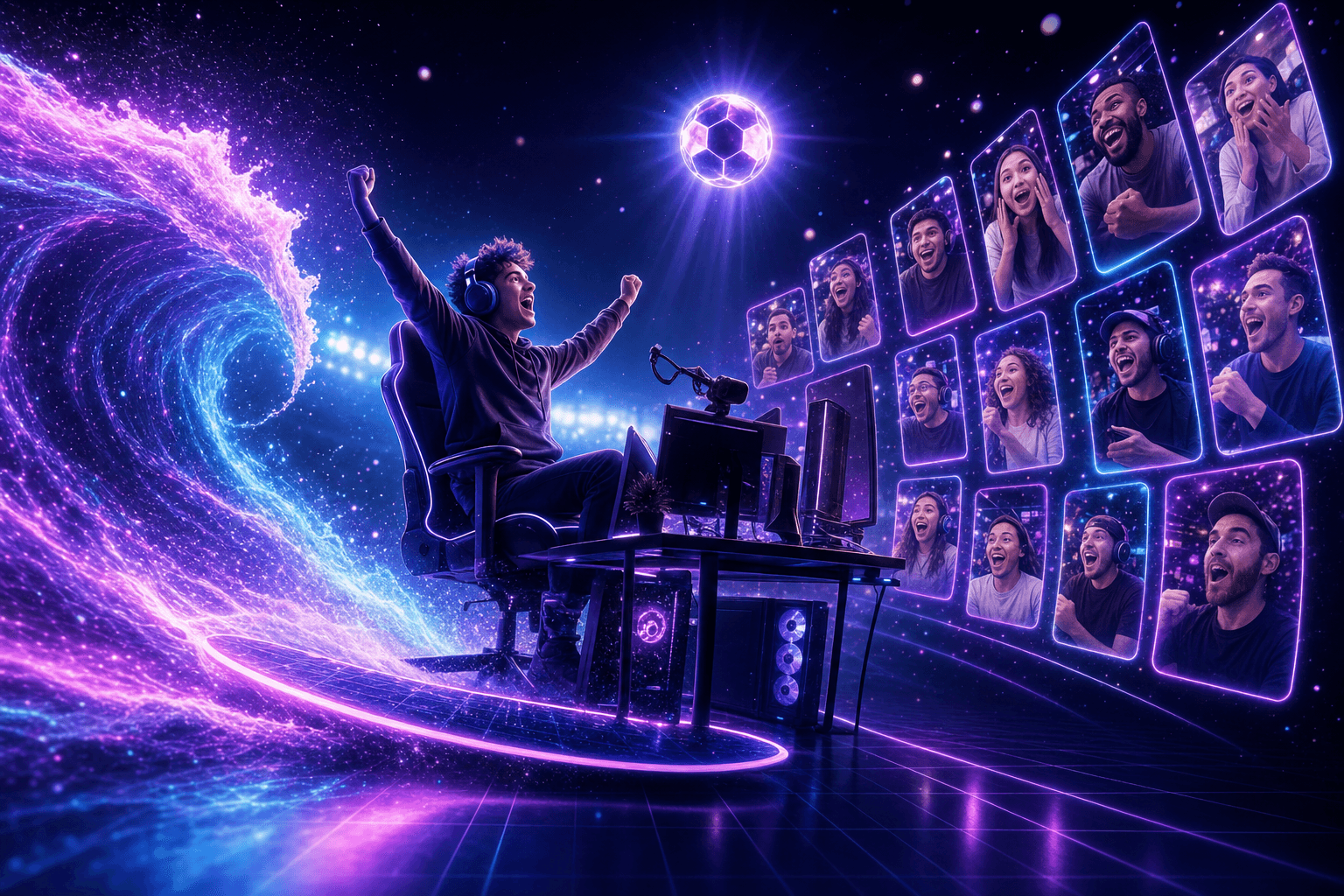 A streamer mid-reaction in front of a match, their screen split into several vertical 9:16 clips ready to post.