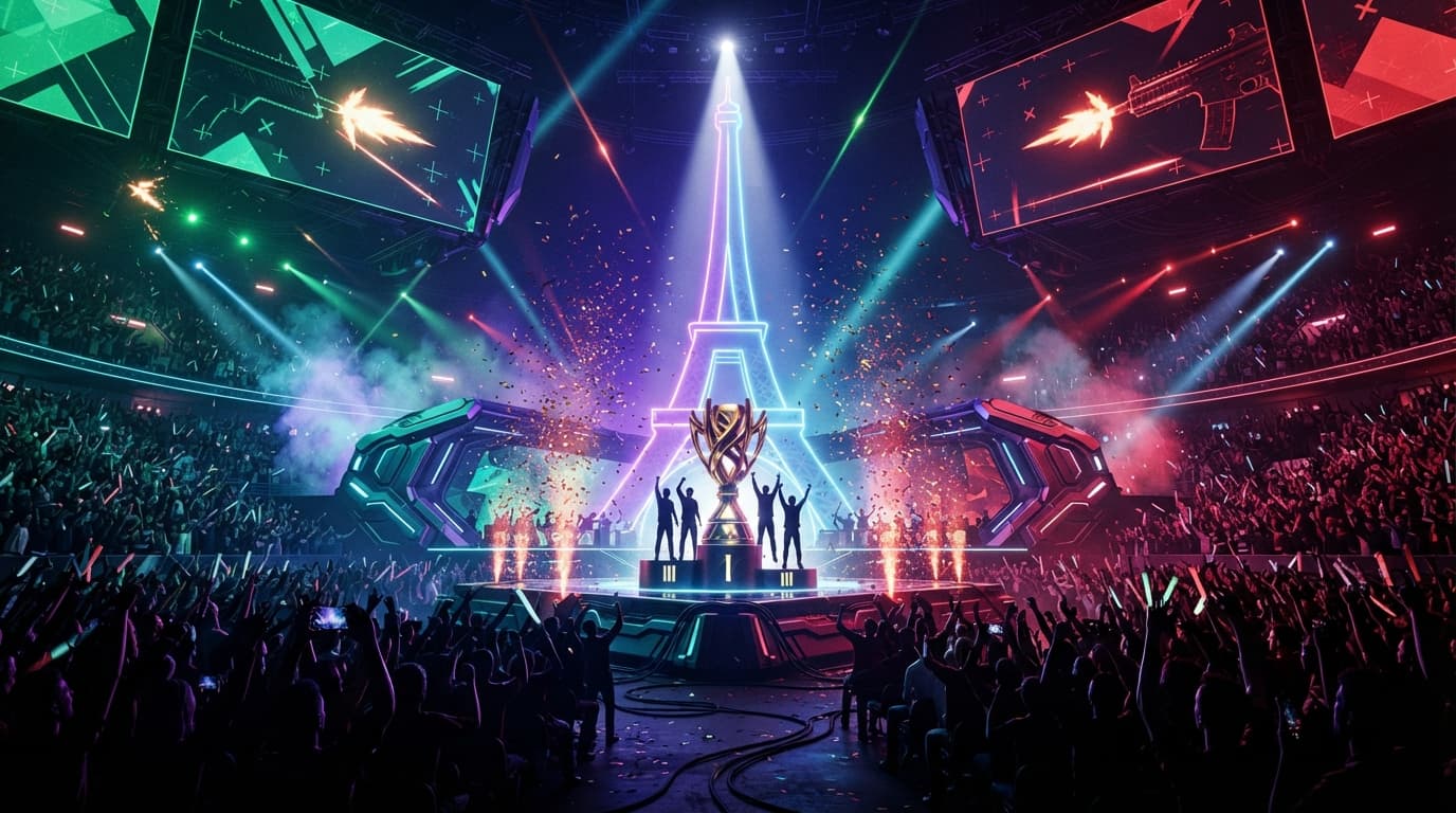 Esports World Cup 2026 Call of Duty: Black Ops 7 trophy over a Paris arena backdrop, in OpTic Gaming's colors.