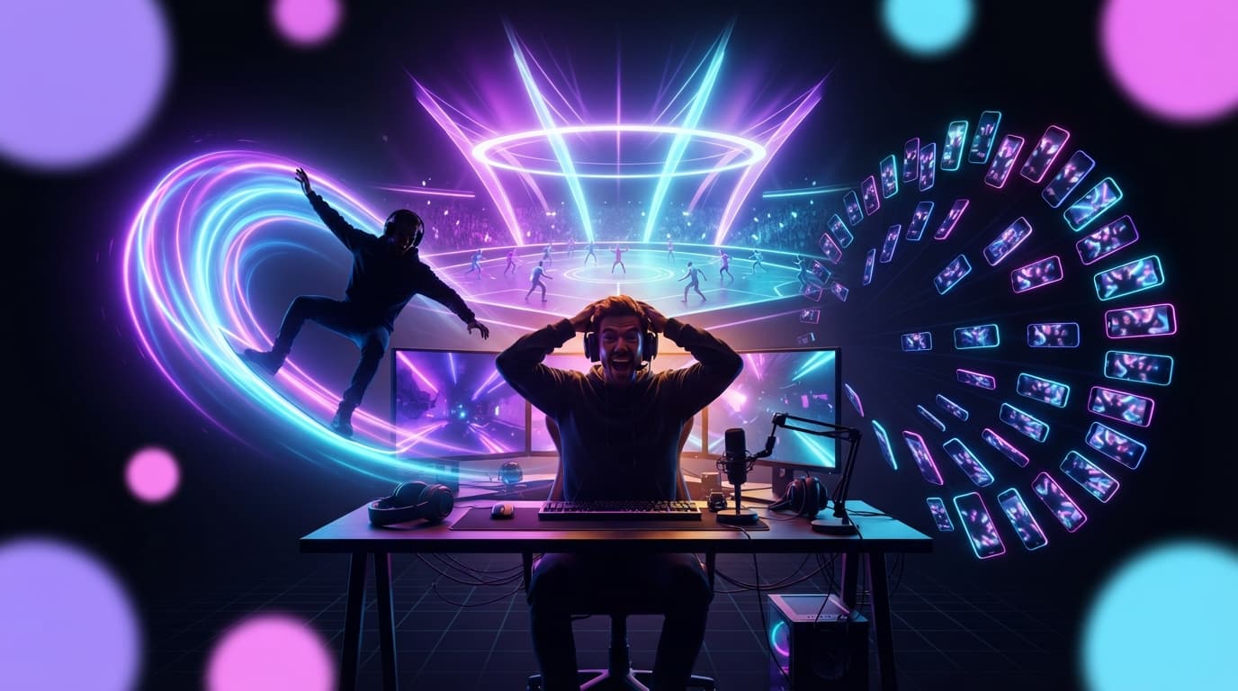 A streamer running an Esports World Cup 2026 Paris watch-party, screen split into vertical 9:16 clips for TikTok.