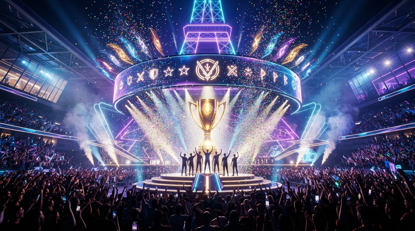 Esports World Cup 2026 Club Championship trophy in AG.AL's colors, over a Paris Expo Porte de Versailles backdrop.