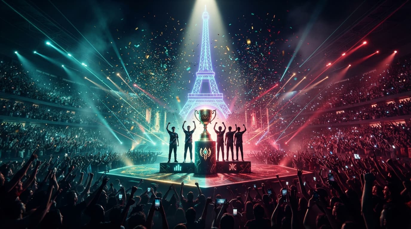 Esports World Cup 2026 Dota 2 trophy over a Paris arena backdrop, in PARIVISION's colors.