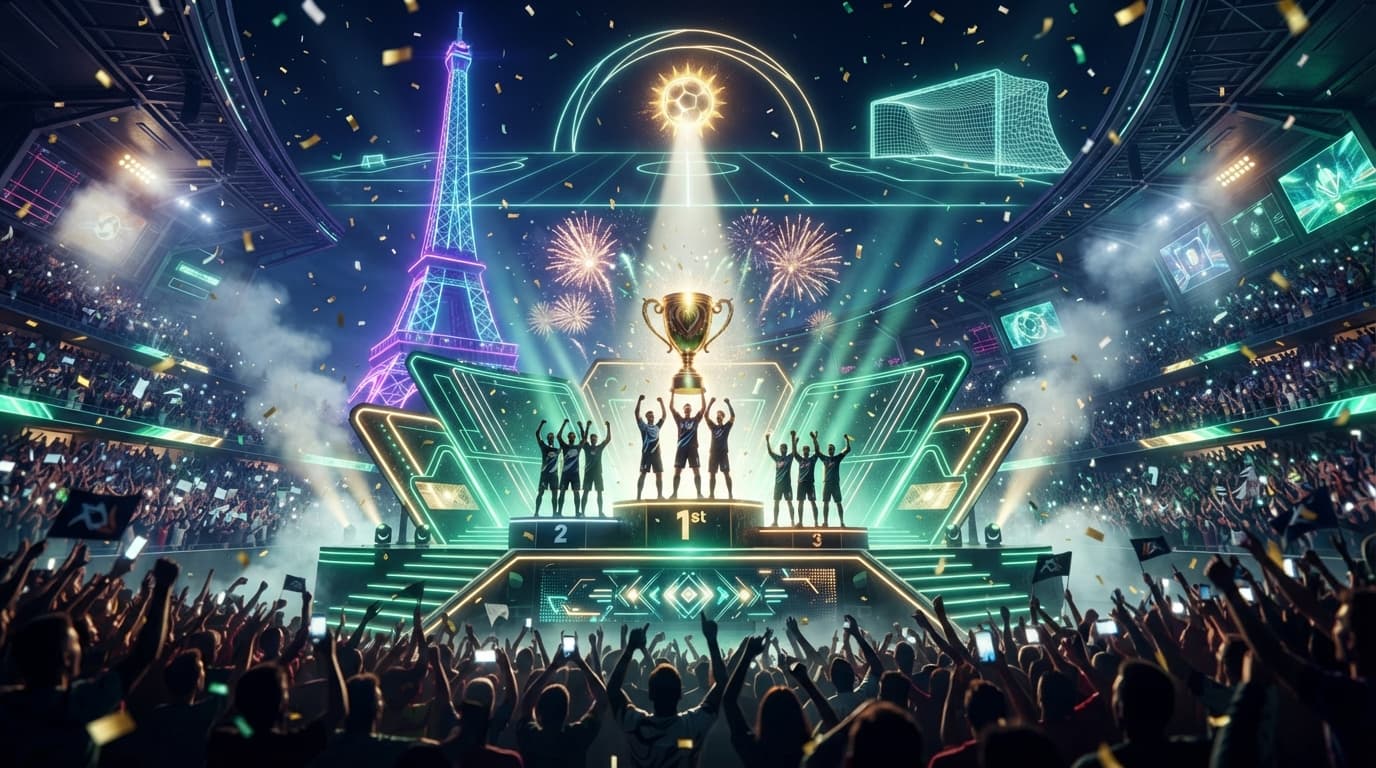 Esports World Cup 2026 FC Pro World Championship trophy over a Paris arena backdrop, in RvPLegend's colors.