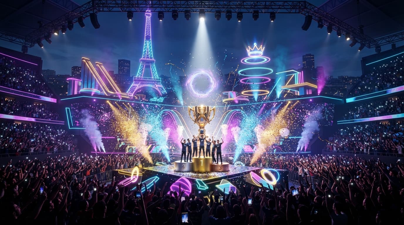 Esports World Cup 2026 Fortnite Reload trophy over a Paris arena backdrop, in BIG's colors.