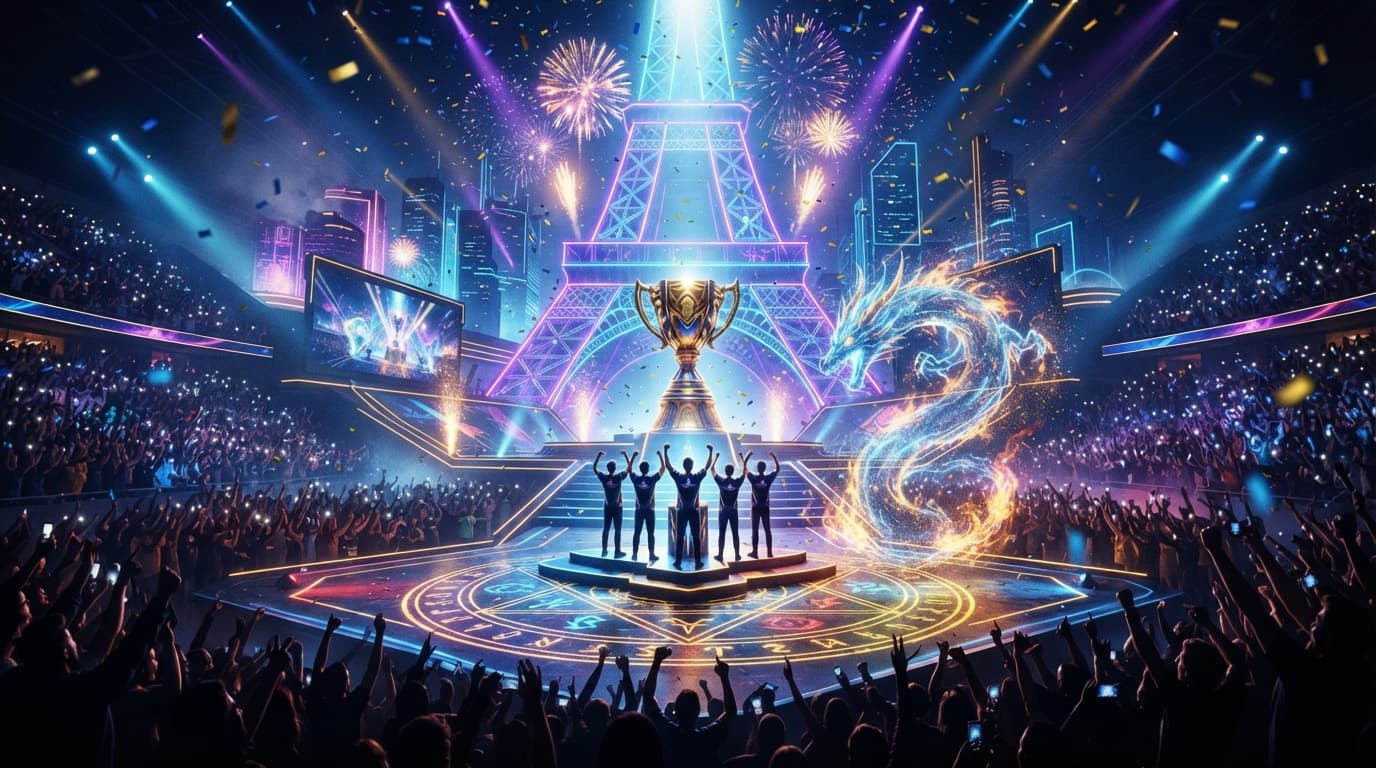 Esports World Cup 2026 League of Legends trophy over a Paris arena backdrop, in Dplus KIA's colors.