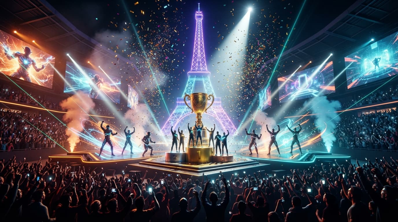 Esports World Cup 2026 Overwatch 2 Midseason Championship trophy over a Paris arena backdrop, in ZETA DIVISION's colors.