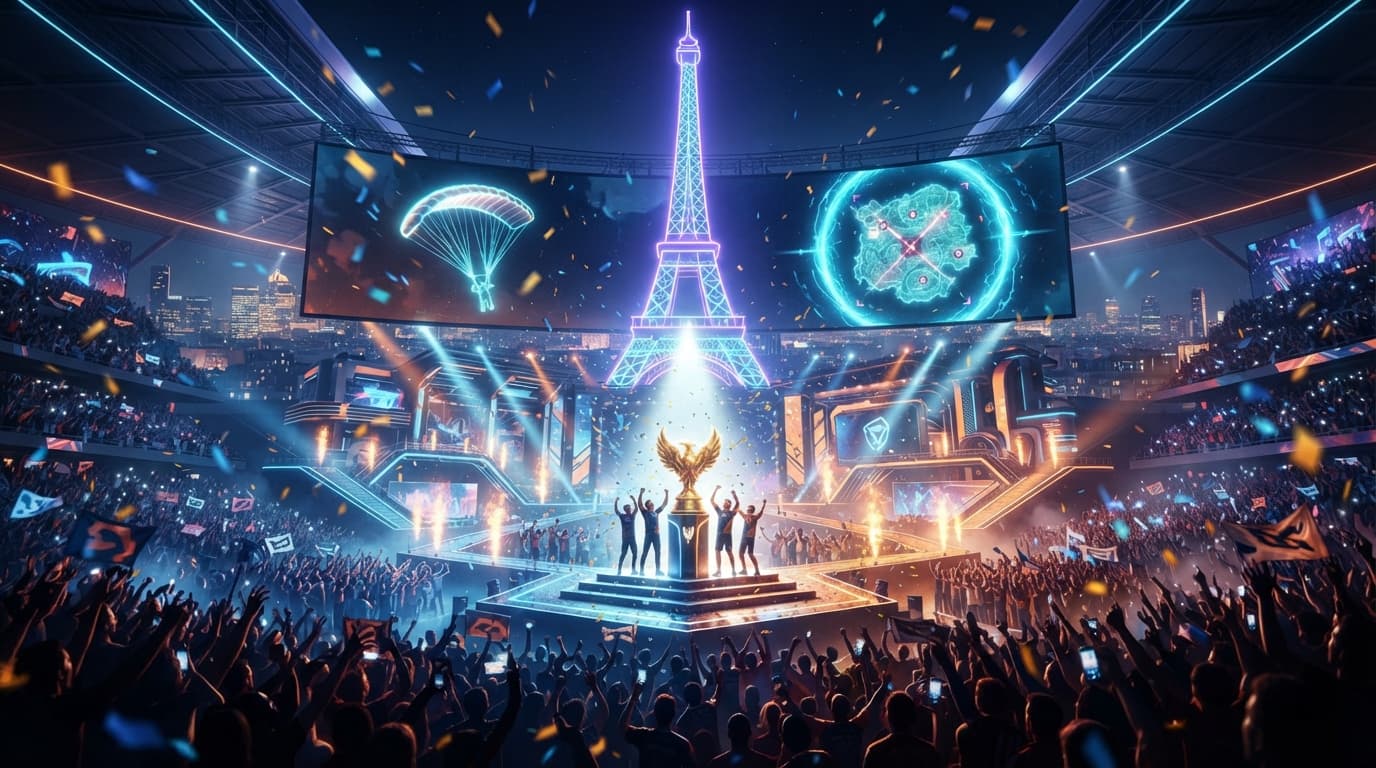 Esports World Cup 2026 PUBG: Battlegrounds trophy over a Paris arena backdrop, in Virtus.pro's colors.