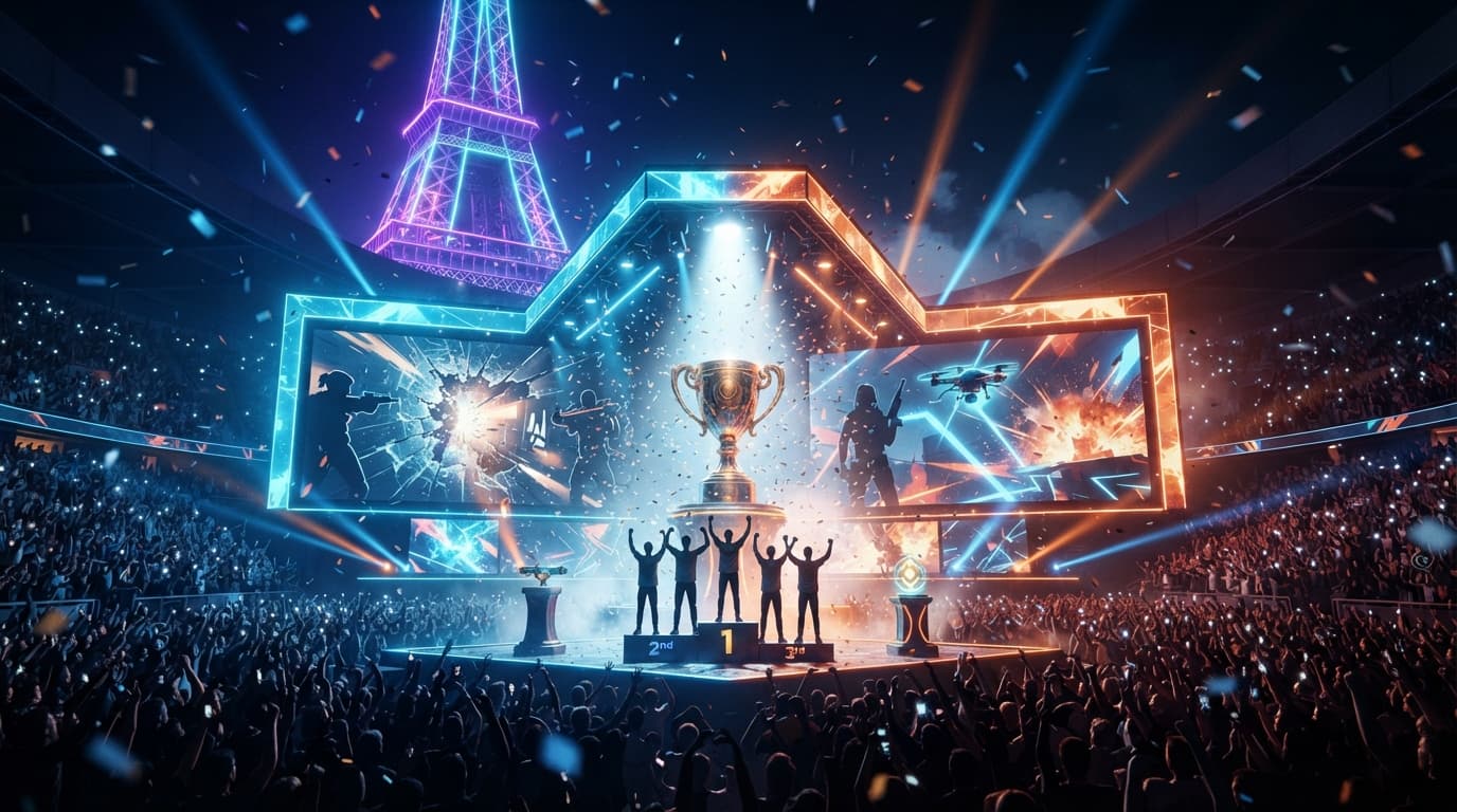Esports World Cup 2026 Rainbow Six Siege trophy over a Paris arena backdrop, in Brazil's colors.