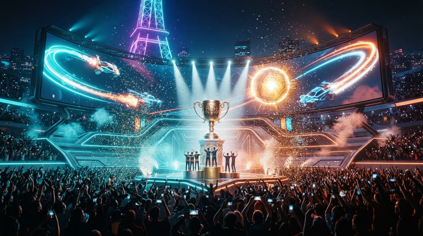 Esports World Cup 2026 Rocket League trophy over a Paris arena backdrop, in Team Falcons' colors.