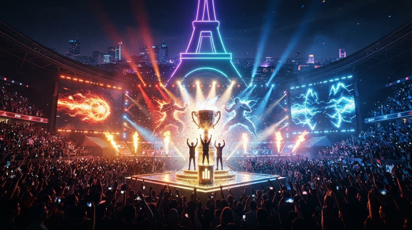 Esports World Cup 2026 Street Fighter 6 tournament trophy over a Paris arena backdrop, in Craime's colors.