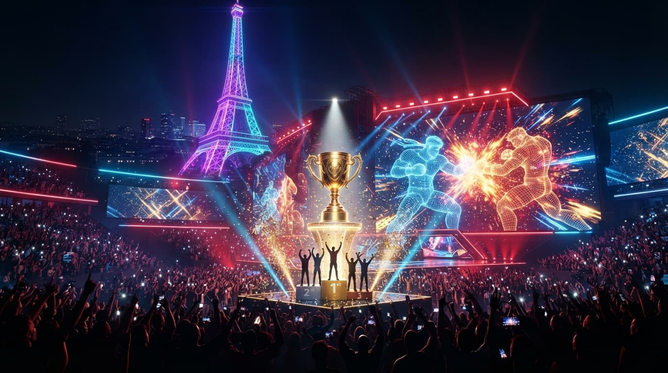 Esports World Cup 2026 Tekken 8 trophy over a Paris arena backdrop, in Pakistan's colors.