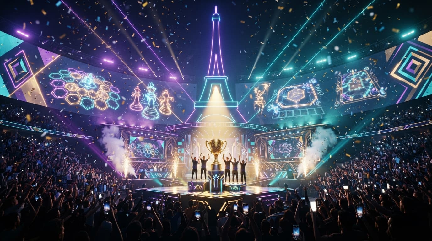Esports World Cup 2026 Teamfight Tactics trophy over a Paris arena backdrop, in Team Vision's colors.