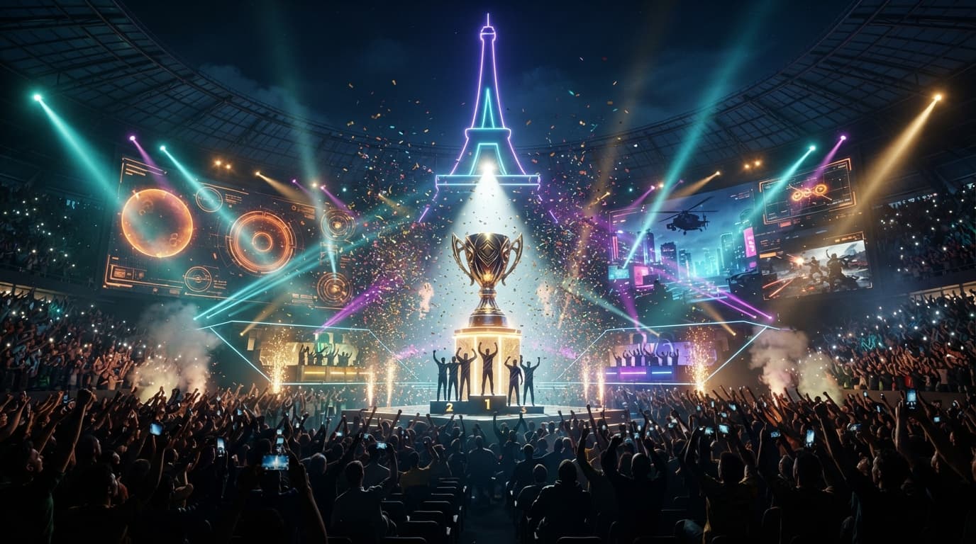Esports World Cup 2026 Call of Duty Warzone trophy over a Paris arena backdrop, in G2 Esports' colors.