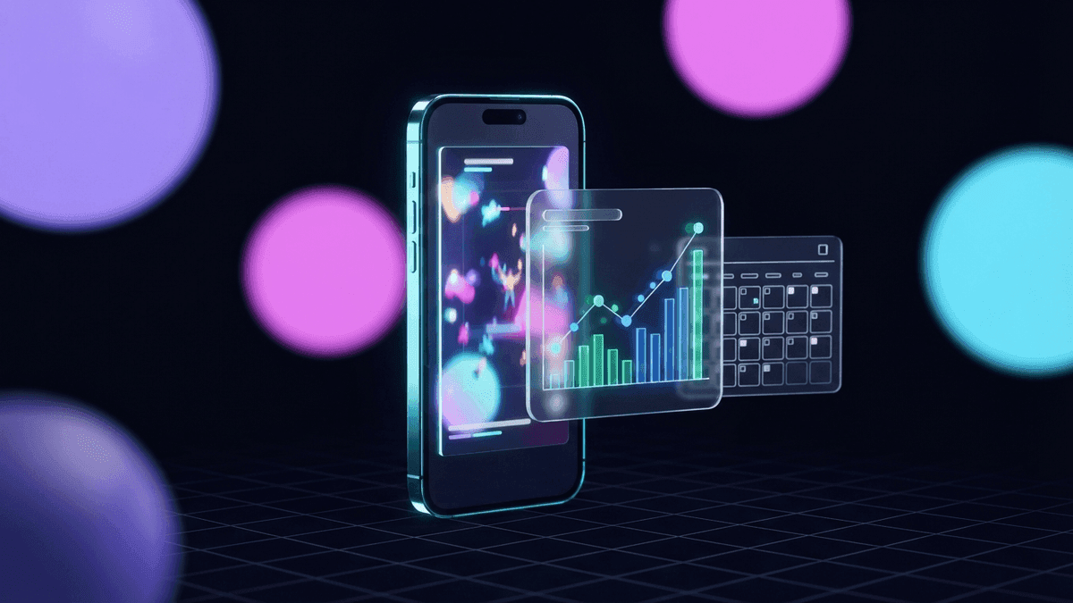 Un Reel vertical sur un écran de téléphone à côté d'un graphique de revenus mensuels et d'un calendrier marqué au 21