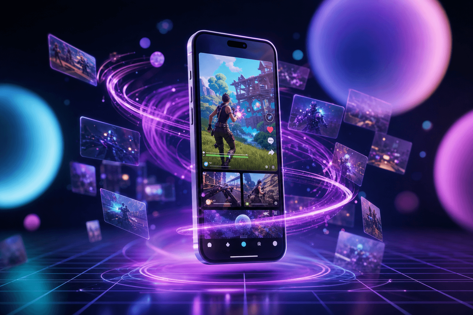 A smartphone on a streamer's desk showing a growing TikTok account, with a bright gaming setup in the background