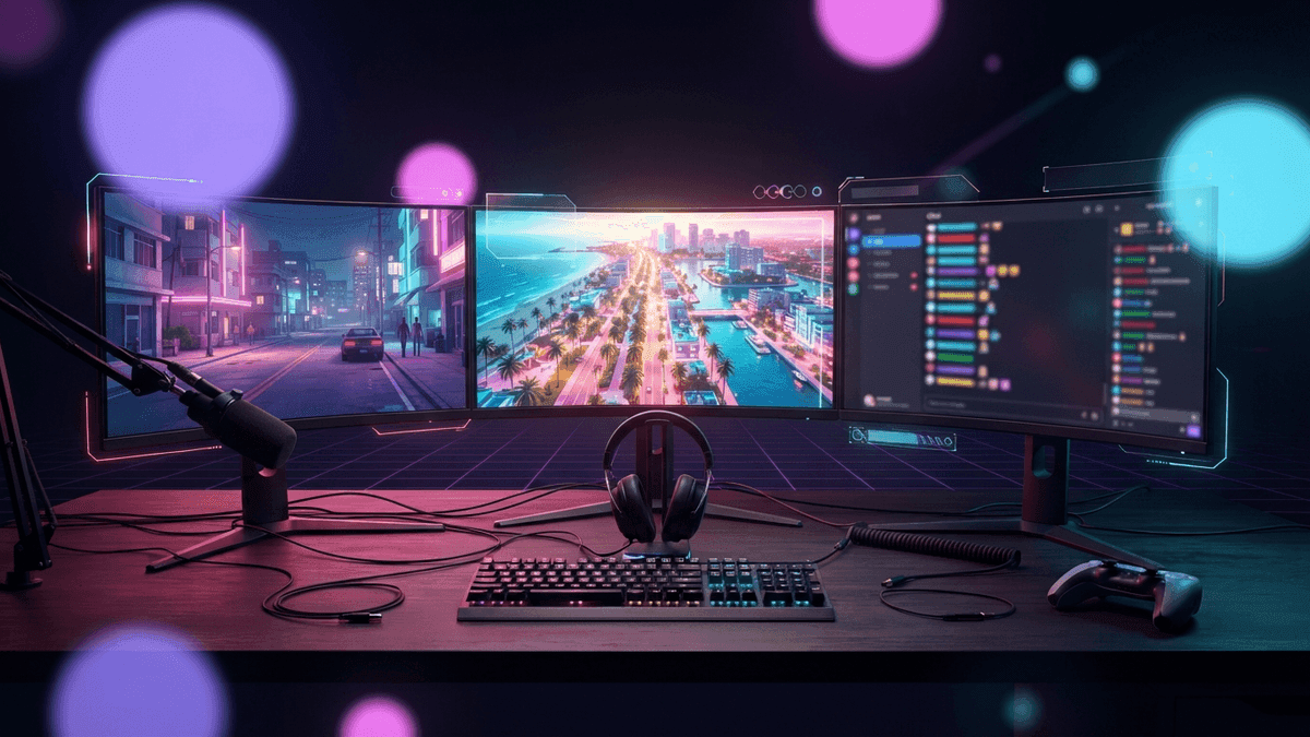 Un setup de streamer GTA RP avec plusieurs écrans, la carte de Vice City de GTA 6 en fond, symbolisant la transition entre FiveM et l'avenir du RP.