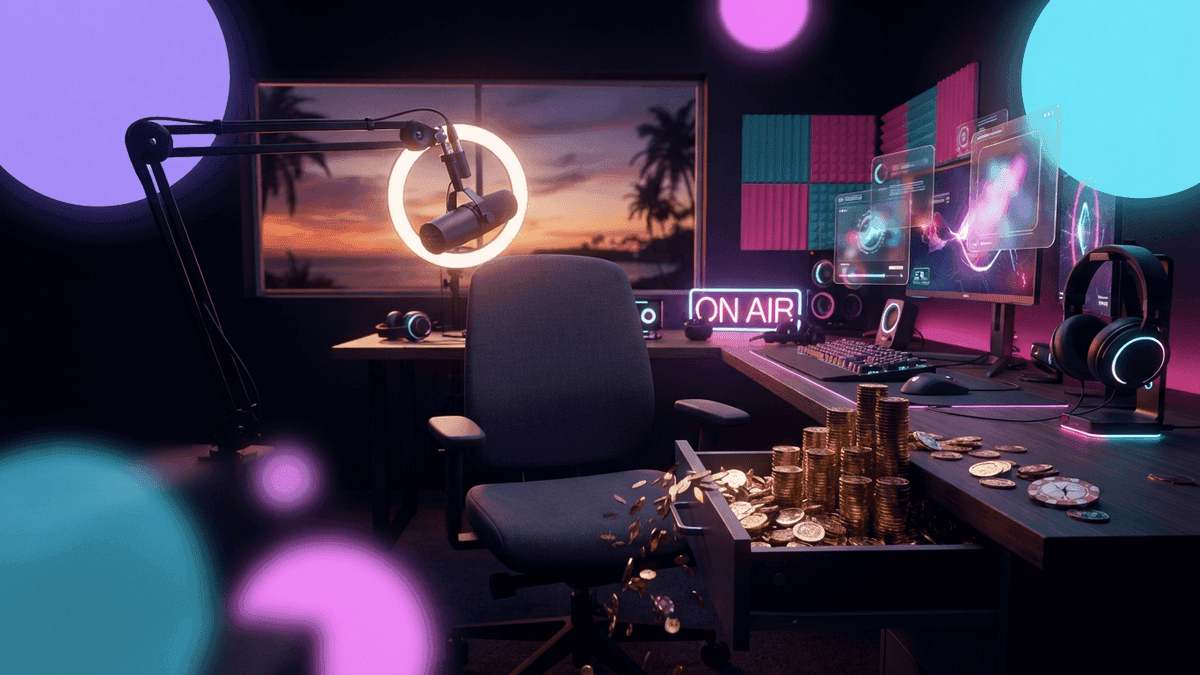 A streamer at their setup with stylized dollar signs and the GTA VI logo, symbolizing the real financial opportunities around the game.