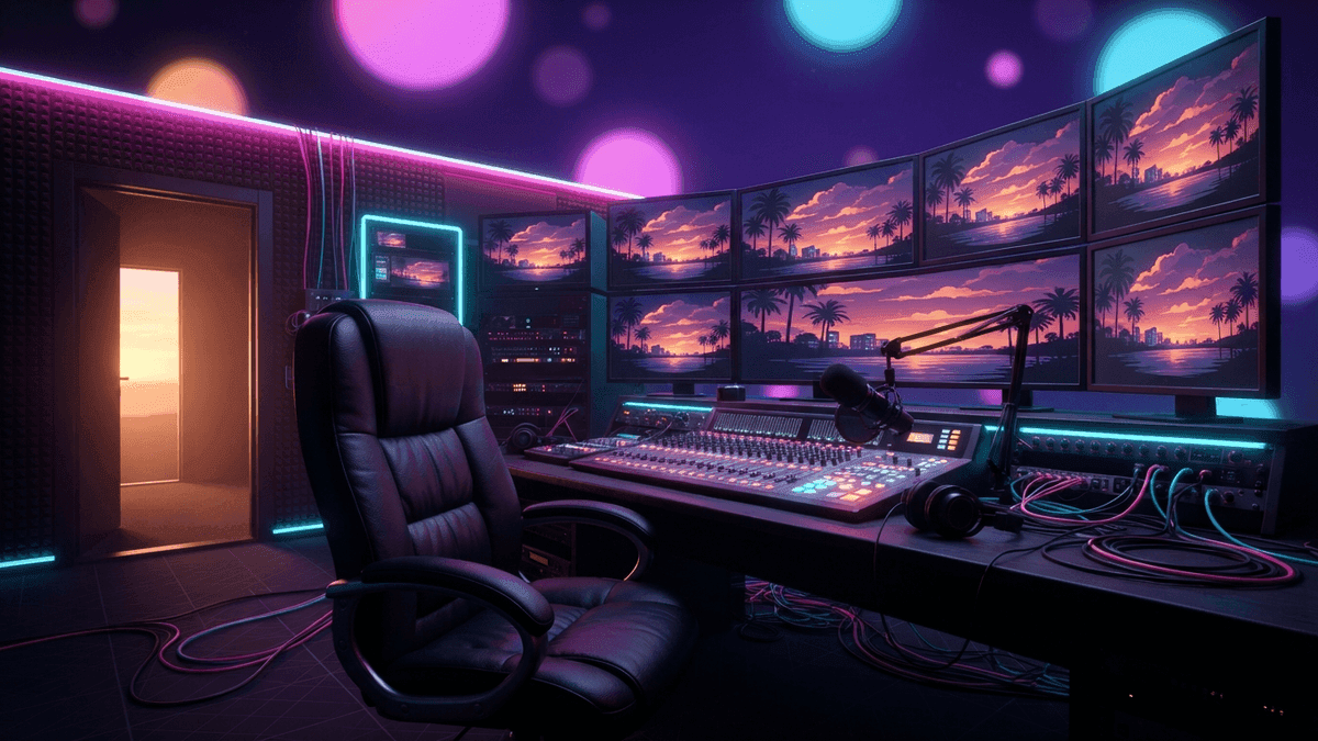 A multi-monitor streaming setup with the GTA VI logo in the background, symbolizing the streaming wave expected on Twitch and Kick when the game launches.