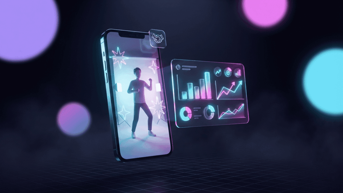 Téléphone affichant un Reel vertical avec des étoiles de cadeaux et une mention de collaboration commerciale, à côté d'un tableau de revenus de créateur