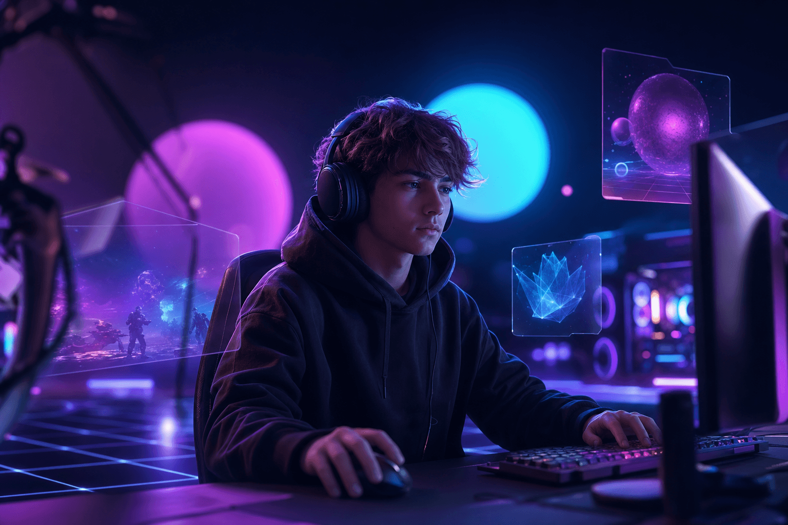 Focused streamer in front of their streaming screen with chat scrolling fast next to them