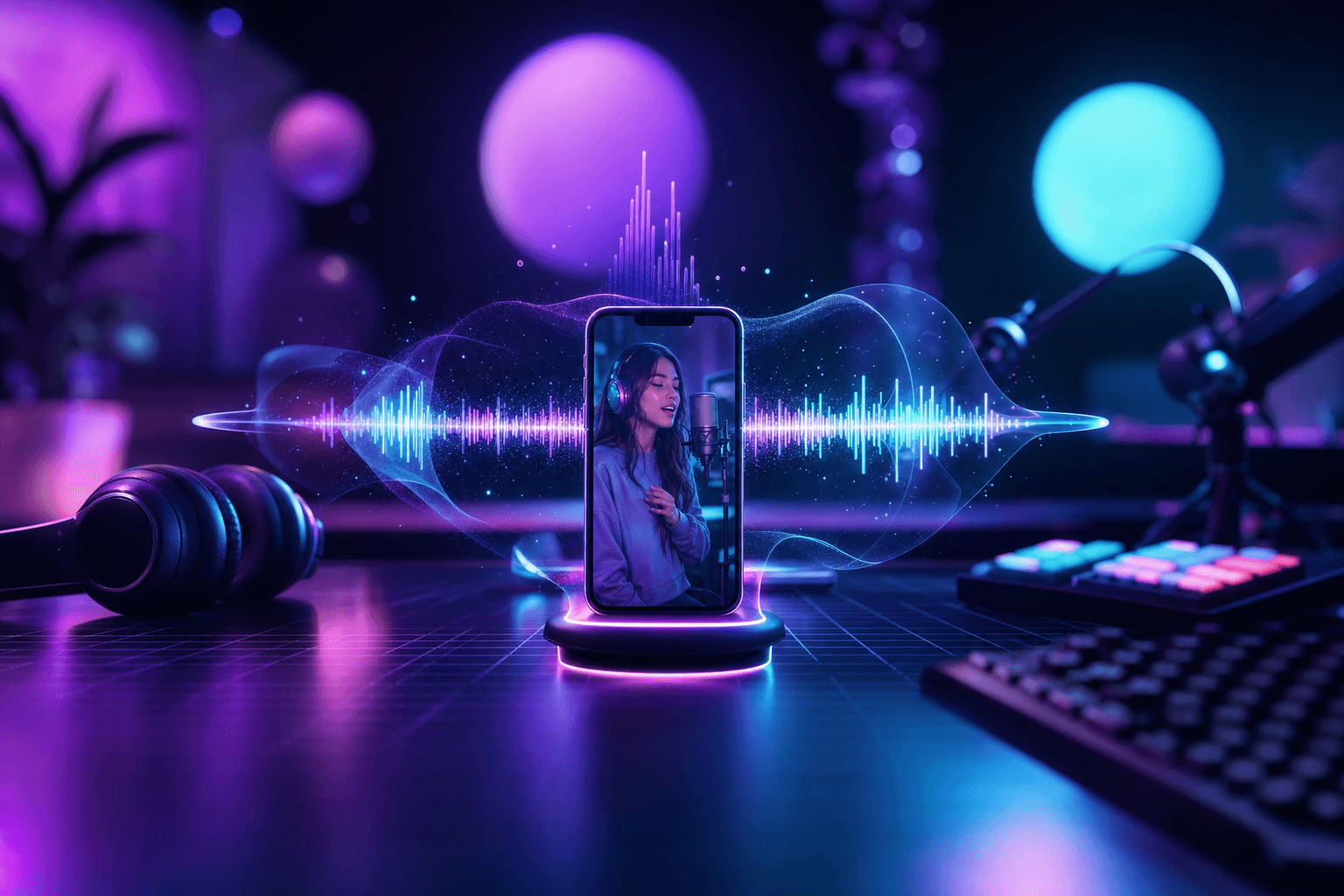 Streamer devant son setup en train de monter un clip vidéo avec une timeline audio à l'écran