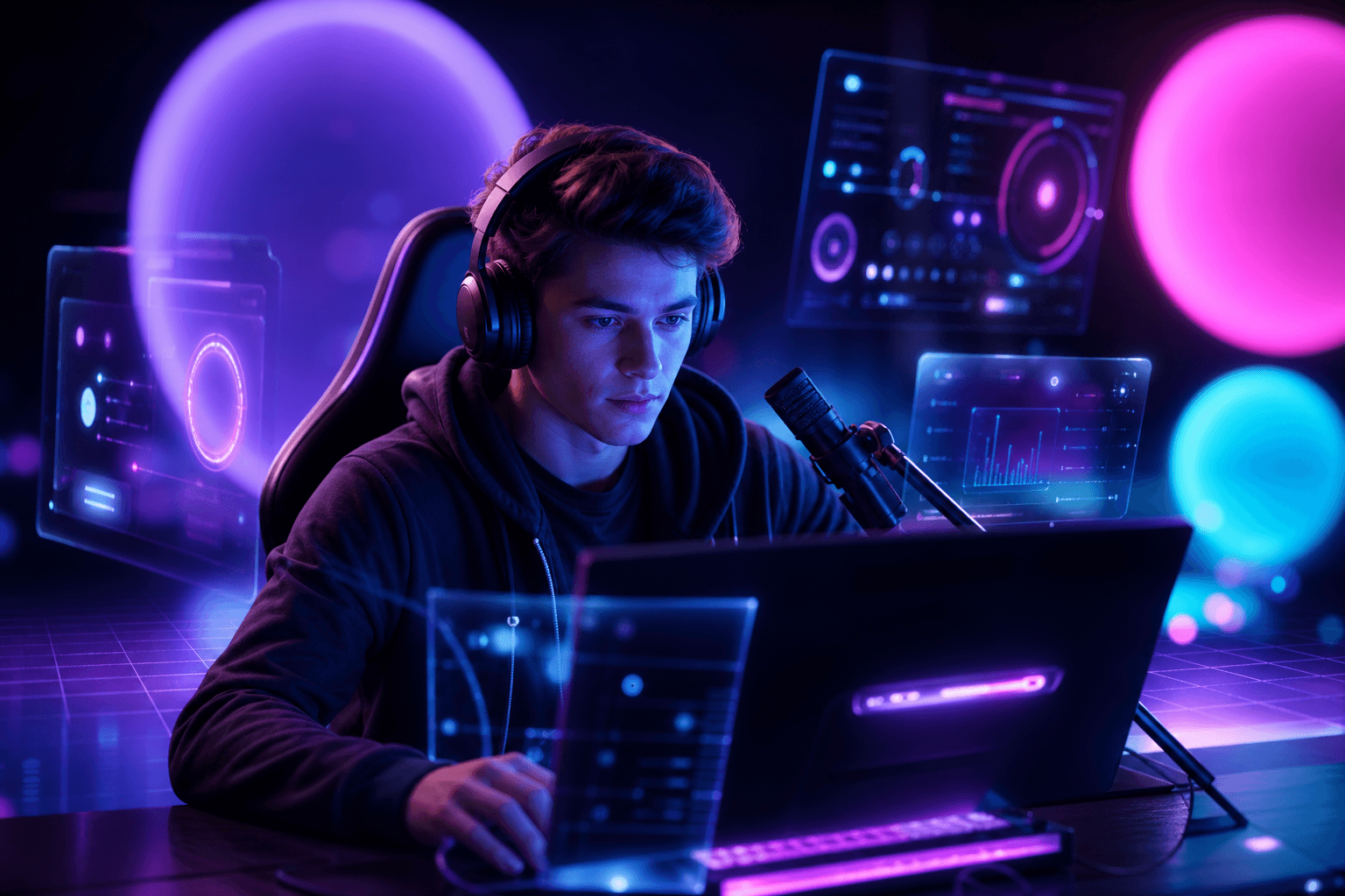 A beginner streamer at their PC setup at night, focused on their Twitch screen, purple and blue light ambiance