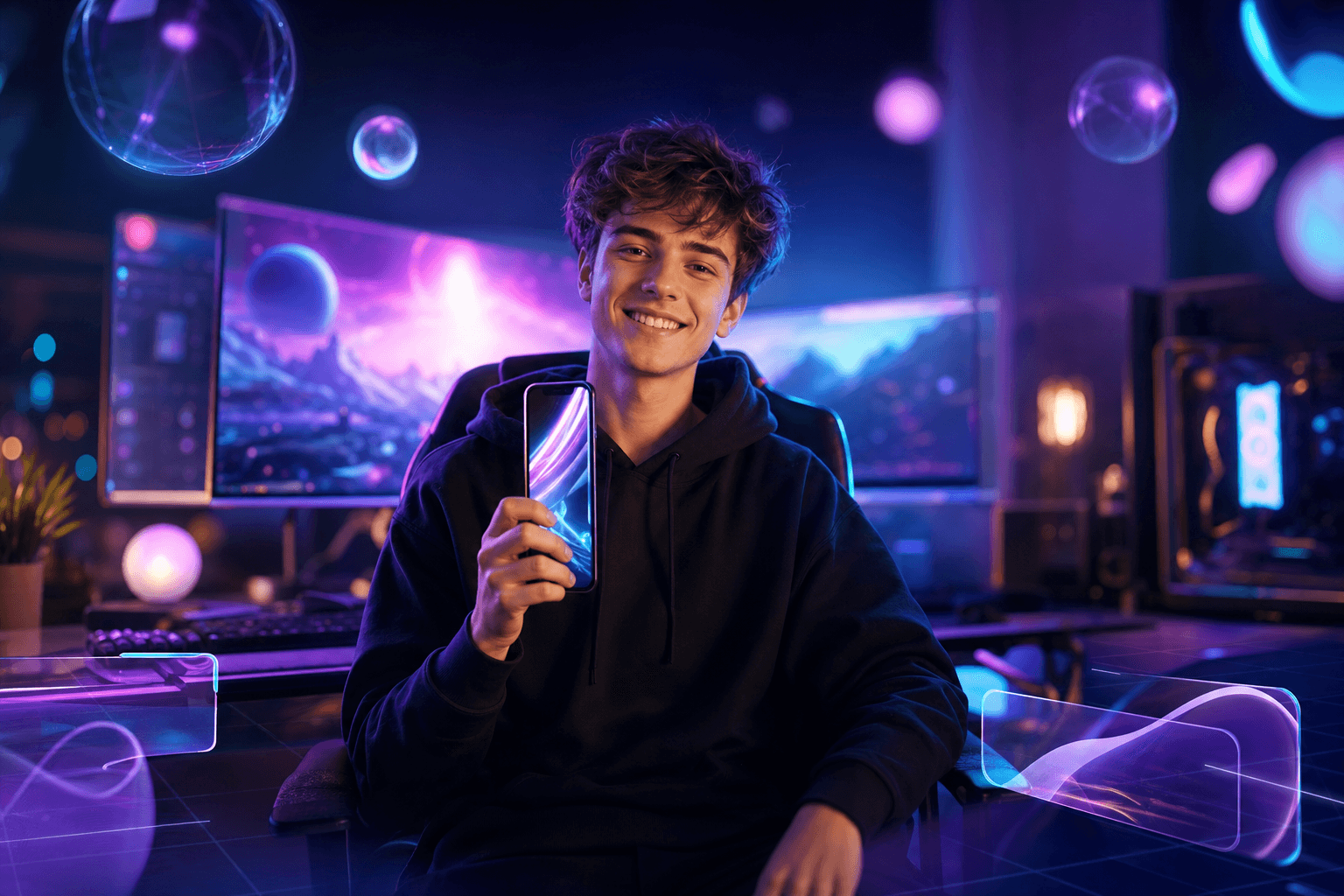 A young streamer smiling at his screen, ready to post his first viral clip on social media