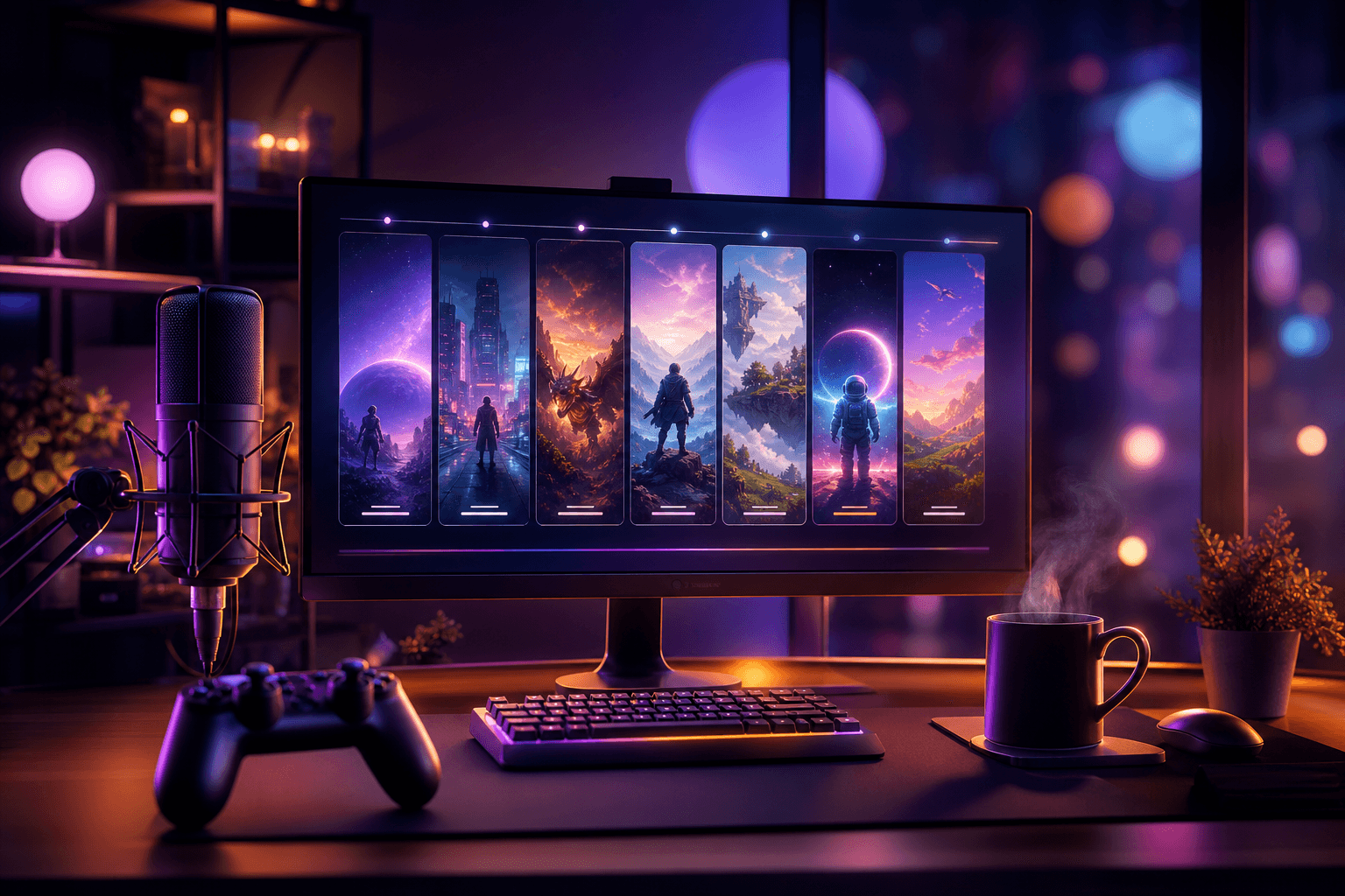 A streamer's desk at night, with a mic, a controller and a screen showing several vertical clips lined up like a calendar