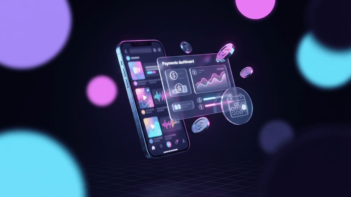 Un téléphone affichant un fil de vidéos verticales à côté d'un tableau de paiements avec des pièces et un calendrier marqué au 15