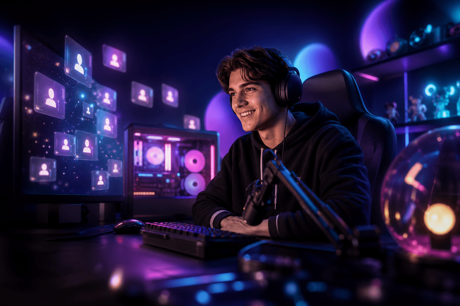 A streamer looks at their screen with satisfaction, surrounded by subscription notifications appearing on their Twitch stream